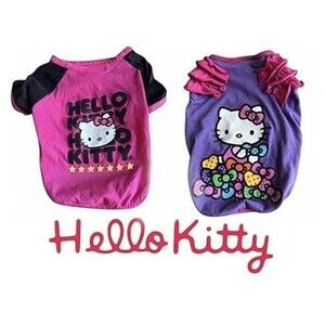 Two Hello Kitty T Shirts For Cats Bright Colors Purple Pink Adorable Fur Baby S